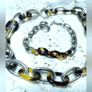 Ralph Lauren Faux Tortoise Silver Plated Linked Necklace & Bracelet Bundle Lot